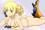  ass bikini blonde_hair blue_eyes blush blush_stickers boots breast_press breasts drill_hair gloves gundam gundam_build_fighters high_heels large_breasts legs_up lying micro_bikini on_stomach smile solo swimsuit thong_bikini tof yajima_caroline 