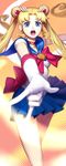  :o \m/ absurdres back_bow bishoujo_senshi_sailor_moon bishoujo_senshi_sailor_moon_crystal blonde_hair blue_eyes blue_sailor_collar blue_skirt bow brooch choker double_bun elbow_gloves gloves hair_ornament hairpin highres jewelry long_hair magical_girl orange_background pleated_skirt red_bow red_choker ribbon sailor_collar sailor_moon sailor_senshi_uniform skirt solo tsukino_usagi twintails white_gloves yukiusagi1983 