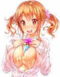  1girl :d between_breasts blush breasts brown_hair cleavage dress_shirt hato_haru heart heart-shaped_pupils highres huge_breasts idolmaster idolmaster_cinderella_girls microphone open_clothes open_mouth open_shirt scrunchie shirt smile solo symbol-shaped_pupils totoki_airi twintails underwear wet wet_clothes 