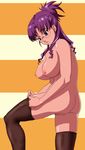  1girl breasts drill_hair female glasses highres large_breasts macross macross_frontier matsuura_nanase nipples nude nude_filter photoshop purple_eyes purple_hair pussy solo thighhighs thighhighs_pull uncensored 