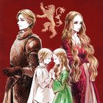 1girl a_song_of_ice_and_fire armor blonde_hair braid brother_and_sister cape cersei_lannister closed_eyes dress dual_persona family father_and_daughter father_and_son green_eyes highres holding_hands jaime_lannister jewelry lion long_hair mother_and_daughter mother_and_son myrcella_baratheon necklace short_hair siblings siuuu smile tommen_baratheon younger 