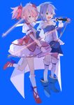  armband arrow belt blue_background blue_hair bow bow_(weapon) cape dress flower frills gloves hair_bow kaname_madoka magical_girl mahou_shoujo_madoka_magica miki_sayaka multiple_girls pararade pink_hair rose short_hair short_twintails smile sword thighhighs twintails weapon zettai_ryouiki 