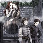  2girls a_song_of_ice_and_fire braid brick_wall brown_hair cape closed_eyes dress gloves highres jeyne_poole long_hair multiple_boys multiple_girls open_mouth red_hair robb_stark sansa_stark short_hair siuuu sword theon_greyjoy vest weapon 