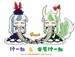  blue_hair bow byourou chibi dated directional_arrow dress dual_persona eating ex-keine fang green_hair hat horn_ribbon horns kamishirasawa_keine long_hair multicolored_hair multiple_girls ribbon scroll silver_hair simple_background tail too_literal touhou two-tone_hair white_background 