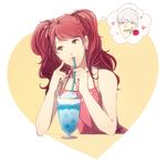  1girl bare_shoulders bishounen brown_eyes drinking drinking_straw earrings finger_to_cheek flower flower_in_mouth grey_hair hair_ribbon heart jewelry kujikawa_rise mushisotisis narukami_yuu persona persona_4 red_hair ribbon rose sparkle thought_bubble twintails 