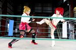  arena blonde_hair boxing_ring breasts candy_cane_(rumble_roses) candy_cane_(rumble_roses)_(cosplay) chouzuki_maryou cleavage cosplay fingerless_gloves gloves large_breasts miss_spencer miss_spencer_(cosplay) multiple_girls photo red_hair rumble_roses rumble_roses_xx suzuka_itsuki 