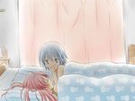  bed blanket blue_eyes blue_hair book curtains hair_ornament head_rest indoors isora long_hair lying mahou_shoujo_madoka_magica miki_sayaka morning multiple_girls on_back on_bed on_stomach pillow red_eyes red_hair room sakura_kyouko shelf short_hair sleeping yuri 