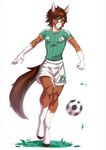  action alanscampos anthro ball bridle calves clothing ear_piercing equine eyelashes football grass green_eyes hair hooves horse kicking looking_away male mammal modjo piercing shirt shorts smile soccer solo 