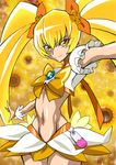  arudebido blonde_hair bow choker cure_sunshine eyelashes hair_ornament hair_ribbon happy heartcatch_precure! long_hair looking_at_viewer magical_girl midriff myoudouin_itsuki navel orange_bow orange_choker precure puffy_sleeves ribbon shirt skirt smile solo wrist_cuffs yellow_bow yellow_eyes 