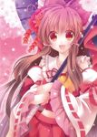  :d ascot bow brown_hair collarbone detached_sleeves flower hair_bow hair_flower hair_ornament hair_tubes hakurei_reimu long_hair looking_at_viewer midriff open_mouth parasol pink_background red_eyes ribbon-trimmed_sleeves ribbon_trim skirt skirt_set smile solo touhou umbrella upper_body very_long_hair yanagise 