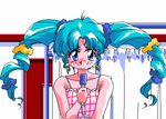  adjusting_hair animahjong_x animated animated_gif aqua_hair artist_request blue_eyes earrings hoshina_kirara jewelry long_hair looking_at_viewer lowres microphone pc98 sogna solo twintails 