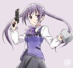  1girl blush gochuumon_wa_usagi_desu_ka? gochuumon_wa_usagi_desuka? gun kueru looking_at_viewer open_mouth purple_eyes purple_hair solo tedeza_rize trigger_discipline twintails uniform weapon 