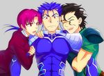  2boys ahoge arm_hug bazett_fraga_mcremitz black_hair blue_hair earrings fate/hollow_ataraxia fate_(series) formal highres jewelry lancer lancer_(fate/zero) mj_(cuzbien) mole mole_under_eye multiple_boys pant_suit pink_eyes pink_hair purple_hair red_eyes short_hair suit sweatdrop 