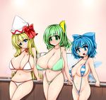  bikini blonde_hair blue_eyes blue_hair breasts cirno cleavage daiyousei embarrassed green_eyes green_hair hair_ribbon hat huge_breasts hydrant_(kasozama) ice ice_wings large_breasts lily_white long_hair multiple_girls ribbon short_hair side_ponytail slingshot_swimsuit smile string_bikini swimsuit thong_bikini touhou wings 