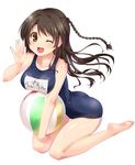  ;d bad_id bad_pixiv_id ball barefoot breasts brown_hair highres idolmaster idolmaster_cinderella_girls large_breasts long_hair one-piece_swimsuit one_eye_closed open_mouth paopao school_swimsuit shimamura_uzuki smile solo swimsuit teeth yellow_eyes 