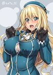  atago_(kantai_collection) black_gloves blonde_hair blush breasts button_gap buttons cleavage covered_nipples gloves green_eyes hands_up hat kantai_collection large_breasts long_hair military military_uniform open_mouth satou_samu solo uniform 