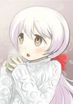  blush bow cup hair_bow long_hair mahou_shoujo_madoka_magica mahou_shoujo_madoka_magica_movie momoe_nagisa multicolored multicolored_eyes open_mouth ponytail red_eyes solo sweater white_hair yellow_eyes yukimura_kaname 