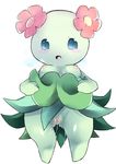  big_thighs blue_eyes blush breasts female flora_fauna flower flower_in_hair knjknj looking_at_viewer nintendo plain_background pok&#233;mon pok&eacute;mon pussy pussy_juice skirt skirt_lift solo source_request standing unknown_artist video_games white_background 