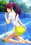  ;o absurdres artist_request ass bare_legs barefoot broom empty_pool feet free! gym_shorts highres kneeling legs matsuoka_gou non-web_source nyantype official_art one_eye_closed open_mouth ponytail pool red_hair shirt shorts solo tied_shirt 