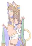  :3 animal_ear_fluff animal_ears bandeau bangs bare_shoulders bastet_(p&amp;d) blunt_bangs bracer brown_hair cat_ears cowboy_shot dark_skin egyptian egyptian_clothes fang from_side green_eyes hair_ornament headpiece holding jewelry legband long_hair midriff nagisa_kurousagi navel necklace puzzle_&amp;_dragons simple_background skirt smile solo white_background white_skirt 