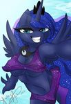  anthro blue_eyes blue_fur blue_hair bra breasts cleavage clothed clothing crown equine feathers female friendship_is_magic fur fur-what-loo hair hi_res horn horse long_hair looking_at_viewer mammal my_little_pony navel outside panties pony princess_luna_(mlp) smile solo standing underwear winged_unicorn wings 