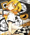  arm_at_side black_border blonde_hair border checkered checkered_skirt collared_shirt cowboy_shot cravat from_side hair_between_eyes kagamine_rin kuroi_(liar-player) outstretched_arm parted_lips shirt short_hair short_sleeves sideways_glance skirt solo song_name tiger_rampage_(vocaloid) vocaloid white_shirt yellow_eyes yellow_neckwear 
