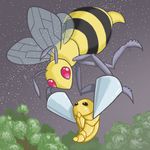  antennae arthropod bee beedrill carrying cocoon cute duo flying forest insect kakuna looking_up nintendo pok&#233;mon pok&eacute;mon red_eyes rikkoshaye stars stinger stripes tree video_games wings 