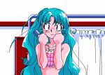  animahjong_x animated animated_gif aqua_hair artist_request blue_eyes breasts covered_nipples crossed_arms earrings hoshina_kirara jewelry long_hair looking_at_viewer lowres microphone nipples pc98 small_breasts sogna solo topless undressing 