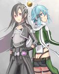  1girl bad_id bad_pixiv_id black_eyes black_hair blue_eyes blue_hair breastplate butt_crack gloves kirito kirito_(sao-ggo) long_hair mokona1107 otoko_no_ko short_hair short_shorts shorts sinon sword_art_online 