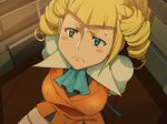  1girl arms_behind_back blonde_hair blue_eyes blush bondage breasts drill_hair gundam gundam_build_fighters highres ice_place large_breasts legs long_hair looking_up sitting skirt solo sweatdrop thighs tied_up yajima_caroline 