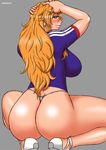  1girl ass blonde_hair breasts final_fight genryuusai_maki huge_ass large_breasts looking_back papepox2 smile solo squatting thong 