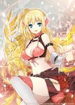  :d blonde_hair blue_eyes breasts cleavage gloves large_breasts long_hair looking_at_viewer mami_(apsaras) navel open_mouth original petals ponytail reaching smile solo staff white_gloves 