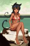  1girl animal_ears barefoot bikini bikini_pull bikini_tan breasts cat_ears cat_tail cleavage doomfest duel_masters highres long_hair ocean pulled_by_self purple_hair red_bikini sitting smile solo swimsuit tail tan tanline tasogare_mimi underboob undressing 