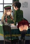  2girls artist_request black_hair black_legwear boots brown_hair chair desk genderswap hat kurasawa_moko long_hair military military_uniform multiple_girls open_mouth paul_von_hindenburg sitting skirt text thighhighs uniform very_long_hair window 