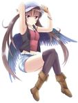  alternate_costume armpits arms_up bad_id bad_pixiv_id belt bird_wings black_legwear black_wings boots bracelet breasts brown_hair casual cellphone chemise contemporary full_body hat highres himekaidou_hatate jewelry long_hair looking_at_viewer medium_breasts necklace open_clothes open_vest over-kneehighs phone pink_eyes short_shorts shorts simple_background solo strap_slip thighhighs touhou twintails very_long_hair vest wendell white_background wings 