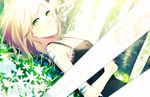 achiki bad_id bad_pixiv_id blonde_hair bloom dutch_angle flower grass green_eyes long_hair looking_at_viewer lying on_back original solo 