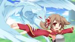  :d armpits breastplate brown_hair day dragon fingerless_gloves gloves hair_bobbles hair_ornament hair_ribbon highres looking_at_viewer open_mouth outstretched_arms pina_(sao) red_eyes ribbon silica sky smile spread_arms sword_art_online twintails yukichin 