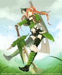 breasts dual_wielding garter_straps gauntlets grass green_eyes hair_ornament hairband holding large_breasts long_hair mami_(apsaras) navel original red_hair shorts solo sword twintails weapon wind 
