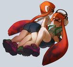  bag bike_shorts blush breasts domino_mask girl_on_top glasses headphones ink_tank_(splatoon) inkling long_hair mask multiple_girls orange_eyes orange_hair pointy_ears shirt shoes short_hair_with_long_locks sidelocks small_breasts smile sneakers splatoon_(series) splatoon_1 star star-shaped_pupils symbol-shaped_pupils t-shirt tentacle_hair triuni yuri 