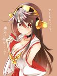  breasts brown_eyes brown_hair choker cleavage detached_sleeves hair_ornament hairband hairclip haruna_(kantai_collection) heart heart-shaped_lock heart_lock_(kantai_collection) kantai_collection large_breasts long_hair nontraditional_miko sarashi simple_background solo translated tsukui_kachou undressing 