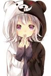  animal_hood cosplay danganronpa fingers_together hood hooded_jacket jacket looking_at_viewer monokuma monokuma_(cosplay) nanami_chiaki naoton purple_eyes short_hair silver_hair simple_background solo super_danganronpa_2 white_background 