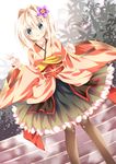  bangs blonde_hair blue_eyes clenched_hand day dutch_angle flower hair_between_eyes hair_flower hair_ornament japanese_clothes kimono kimono_skirt leaf lolita_fashion looking_at_viewer nogi_takayoshi original outdoors pantyhose short_hair_with_long_locks solo stairs v wa_lolita 