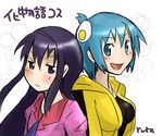  :d akemi_homura araragi_karen araragi_karen_(cosplay) back-to-back bad_id bad_pixiv_id black_hair blue_eyes blue_hair cosplay fried_egg hair_ornament hairband kitamura_eri long_hair looking_at_viewer mahou_shoujo_madoka_magica miki_sayaka monogatari_(series) multiple_girls open_mouth purple_eyes saitou_chiwa school_uniform seiyuu_connection senjougahara_hitagi senjougahara_hitagi_(cosplay) short_hair signature simple_background smile translated white_background yukasuke 