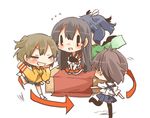  =_= =d akagi_(kantai_collection) black_hair black_legwear blush box brown_hair closed_eyes directional_arrow flying_sweatdrops hair_ornament hair_ribbon hiryuu_(kantai_collection) kaga_(kantai_collection) kantai_collection long_hair multiple_girls muneate open_mouth pleated_skirt rebecca_(keinelove) ribbon running short_hair side_ponytail simple_background sitting skirt smile solid_oval_eyes souryuu_(kantai_collection) surrounded tasuki thighhighs white_background zettai_ryouiki 