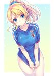  2014_fifa_world_cup ayase_eli bad_id bad_twitter_id blonde_hair blue_eyes blush bottomless covering covering_crotch hair_ornament japan long_hair love_live! love_live!_school_idol_project naked_shirt natsu_natsuna scrunchie shirt shirt_tug soccer soccer_uniform solo sportswear world_cup 