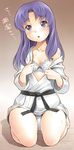 bad_id bad_pixiv_id blush bra breasts cleavage dougi happinesscharge_precure! highres hikawa_iona japanese_clothes karate_gi long_hair looking_at_viewer obi off_shoulder on_floor open_clothes panties precure purple_eyes purple_hair sash seiza sekihan sitting small_breasts solo sweat underwear 