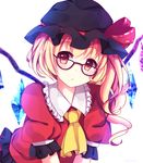  :&lt; alternate_costume ascot asymmetrical_hair asymmetrical_wings bespectacled black_hat blonde_hair dress flandre_scarlet glasses hat heart heart-shaped_pupils looking_at_viewer mob_cap puffy_short_sleeves puffy_sleeves red_dress red_eyes short_hair short_sleeves side_ponytail solo symbol-shaped_pupils touhou vebonbon wings 