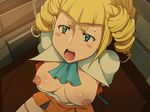  1girl areolae arms_behind_back bdsm blonde_hair blue_eyes blush bondage bound breasts breasts_outside drill_hair gundam gundam_build_fighters highres ice_place large_breasts legs long_hair looking_up nipples no_bra open_clothes open_mouth sitting skirt solo sweatdrop thighs tied_up yajima_caroline 