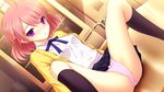  1girl akino_subaru blush bow female fujikawa_runa game_cg hair_ornament hairclip hatsukoi_1/1 looking_at_viewer panties pink_hair pink_panties purple_eyes school_uniform seifuku short_hair sitting socks solo spread_legs thighs underwear upskirt 