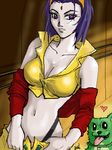  1girl asukawa beast_boy_(dc) cosplay cowboy_bebop dc_comics dog ein_(cowboy_bebop) faye_valentine faye_valentine_(cosplay) lowres oekaki purple_eyes purple_hair raven_(dc) teen_titans 